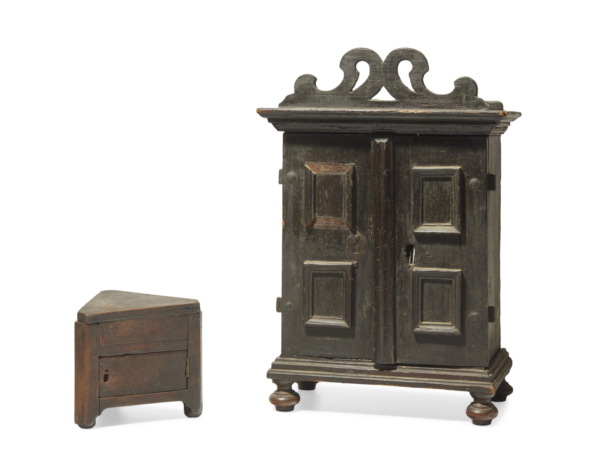 Two Valuables Chests: A Miniature Painted Cupboard and a Walnut Box