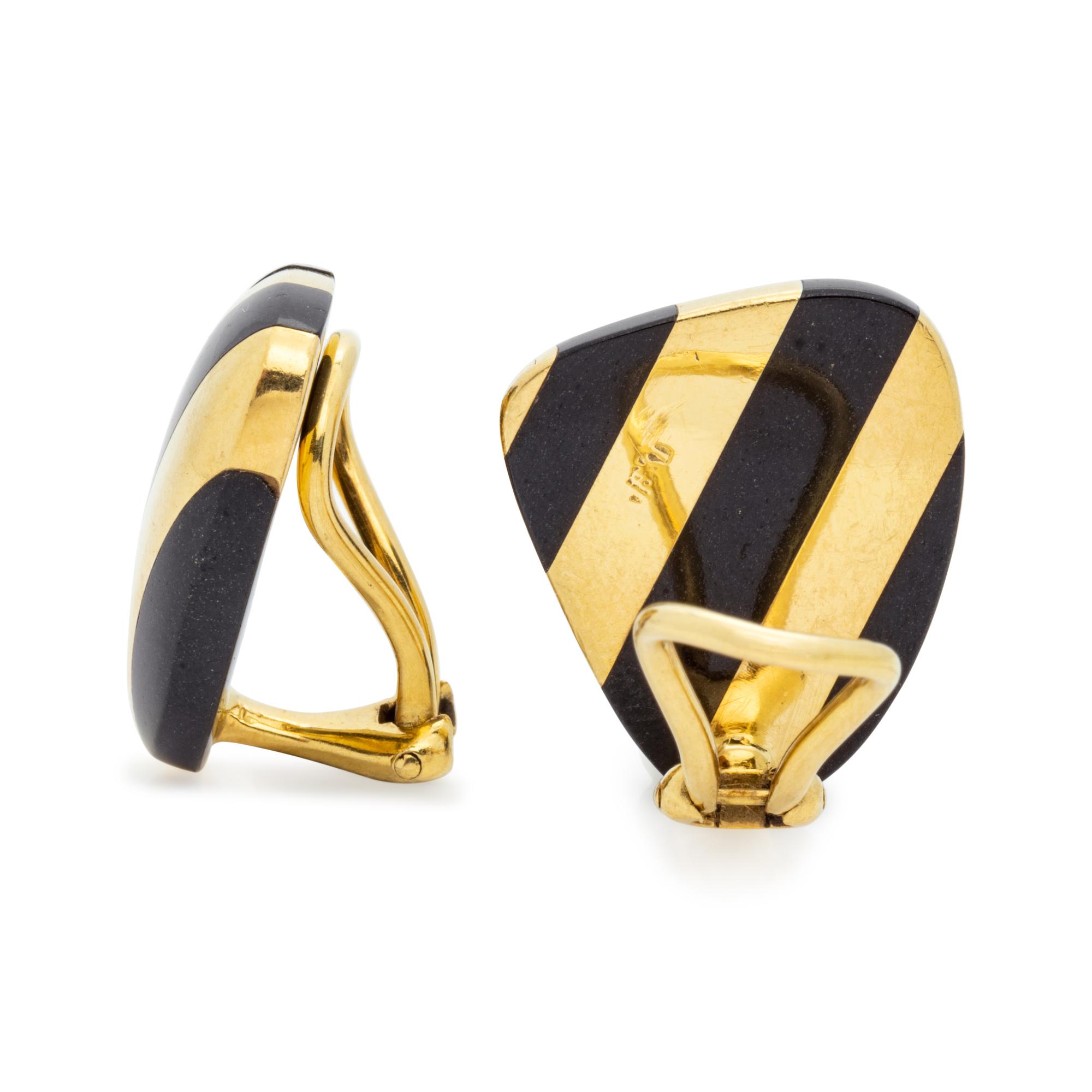 TIFFANY & CO., YELLOW GOLD AND BLACK JADE EARCLIPS