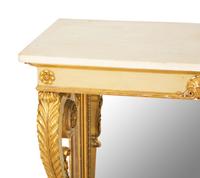 A Pair of Louis XVI Style Painted and Parcel Gilt Marble Top Console Tables