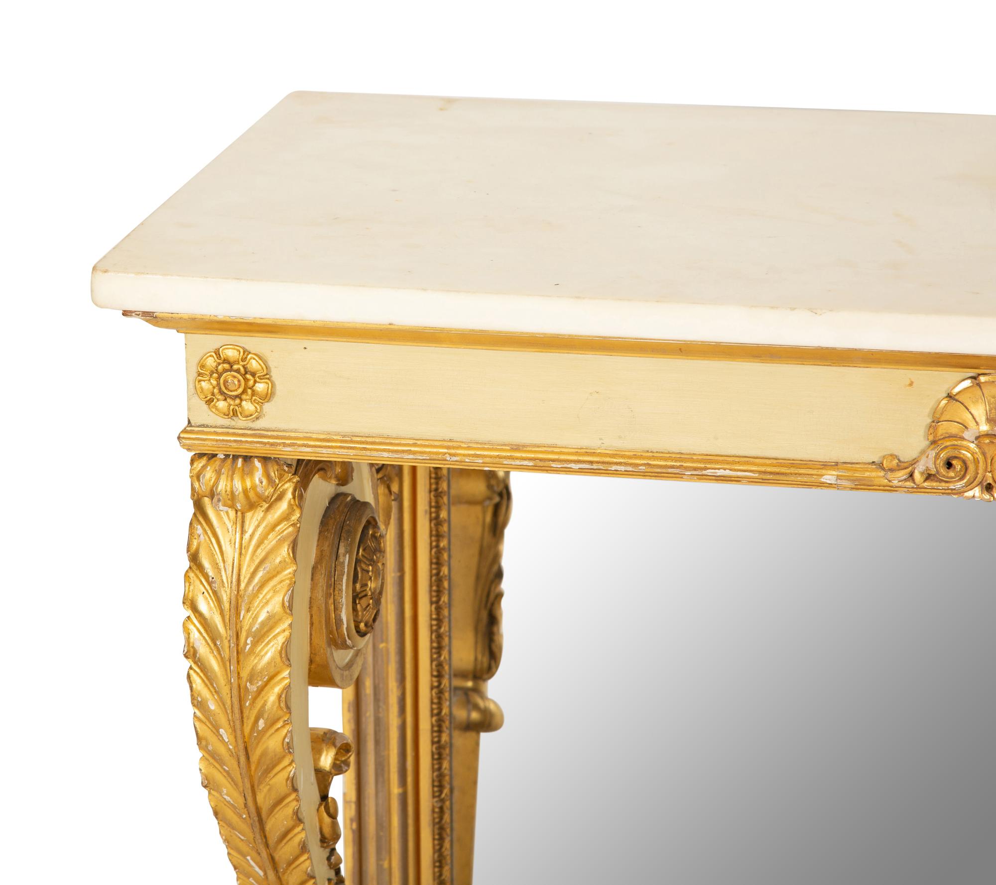 A Pair of Louis XVI Style Painted and Parcel Gilt Marble Top Console Tables