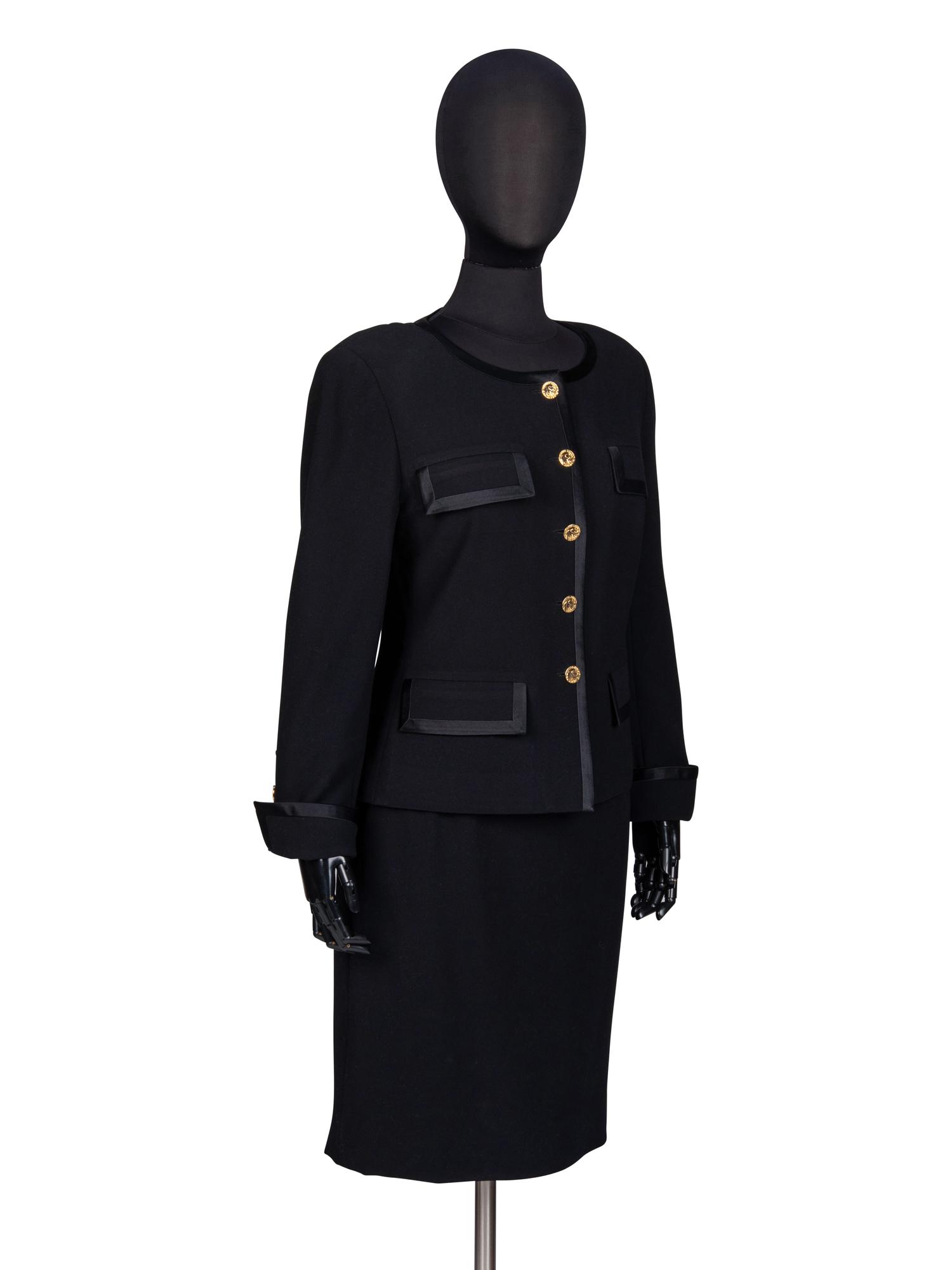 Chanel, Black Wool Skirt Suit Trimmed in Satin