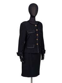 Chanel, Black Wool Skirt Suit Trimmed in Satin