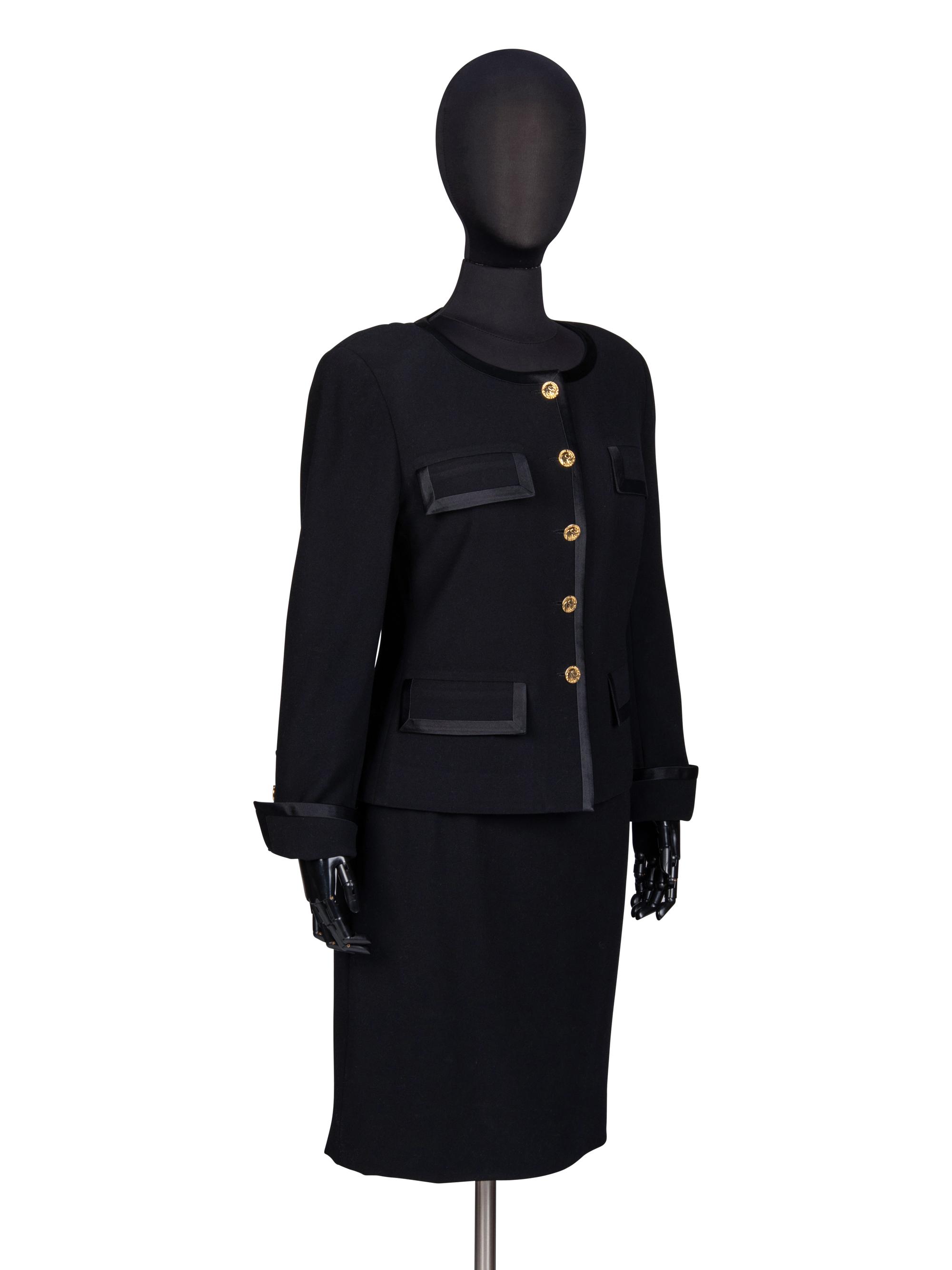 Chanel, Black Wool Skirt Suit Trimmed in Satin
