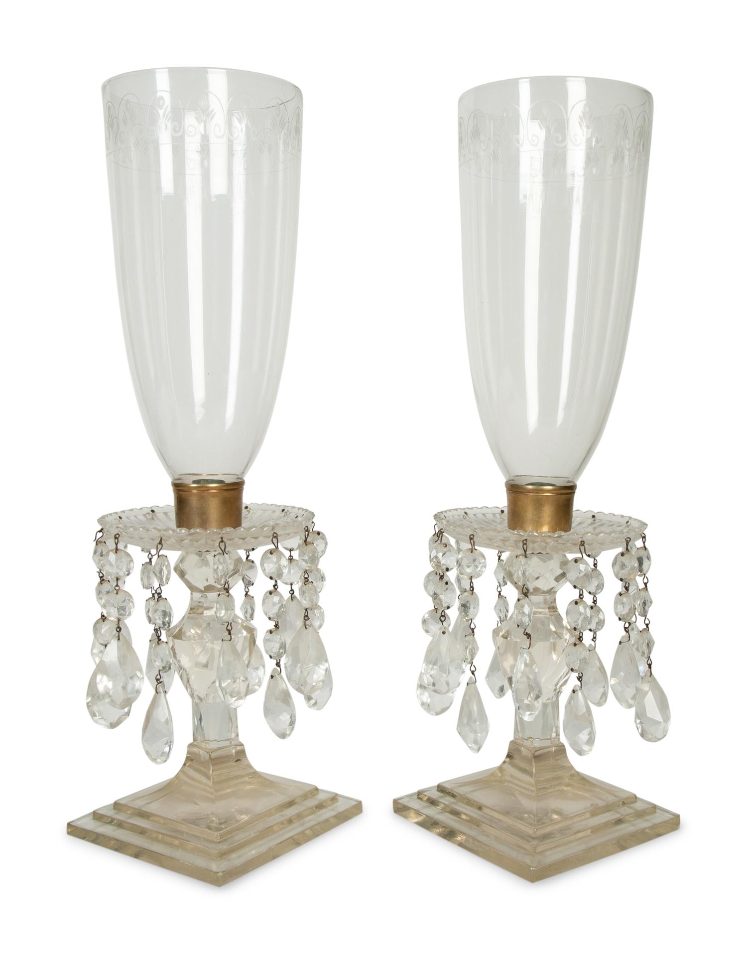 A Pair of English Etched Glass Hurricane Candlesticks