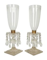 A Pair of English Etched Glass Hurricane Candlesticks