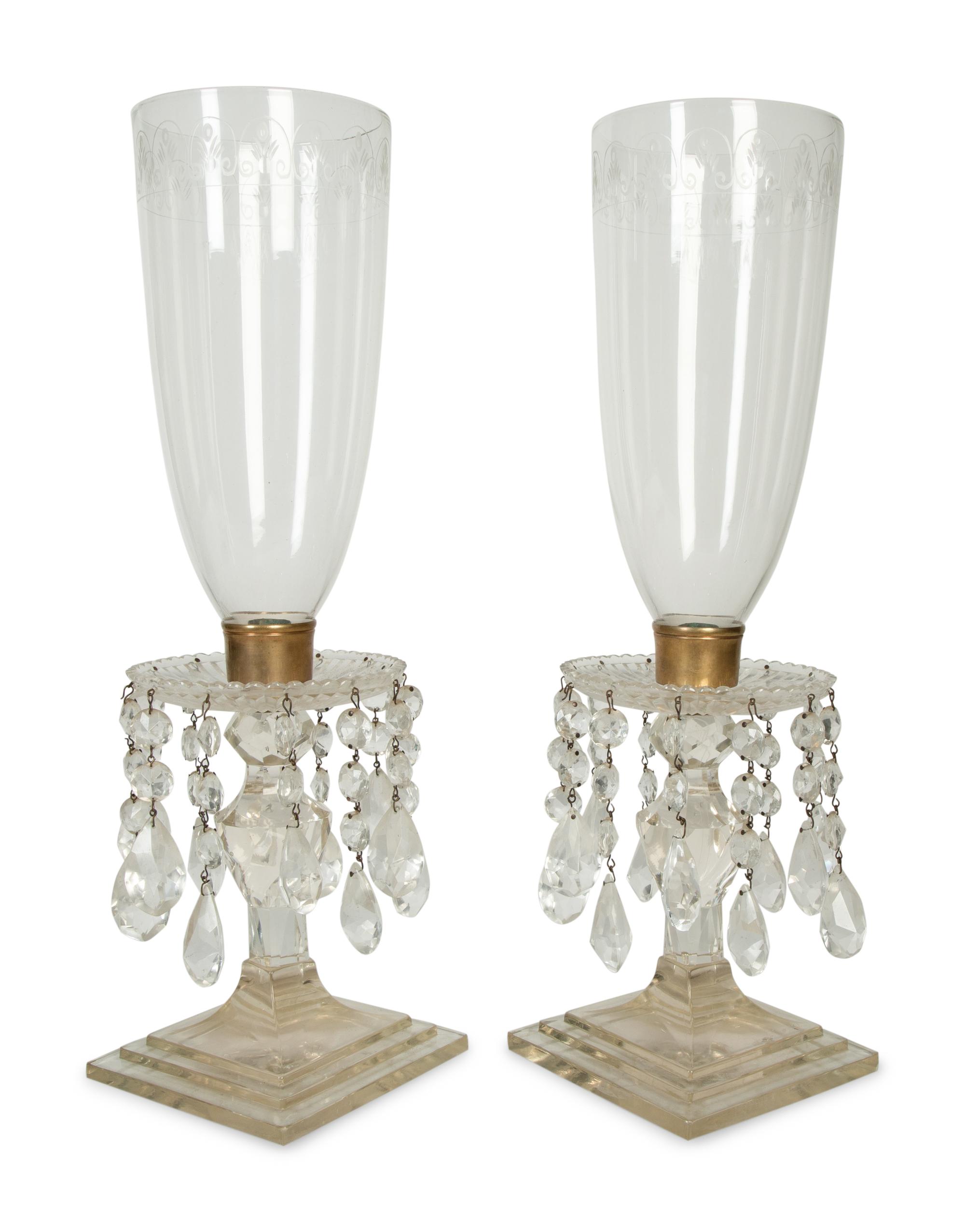 A Pair of English Etched Glass Hurricane Candlesticks
