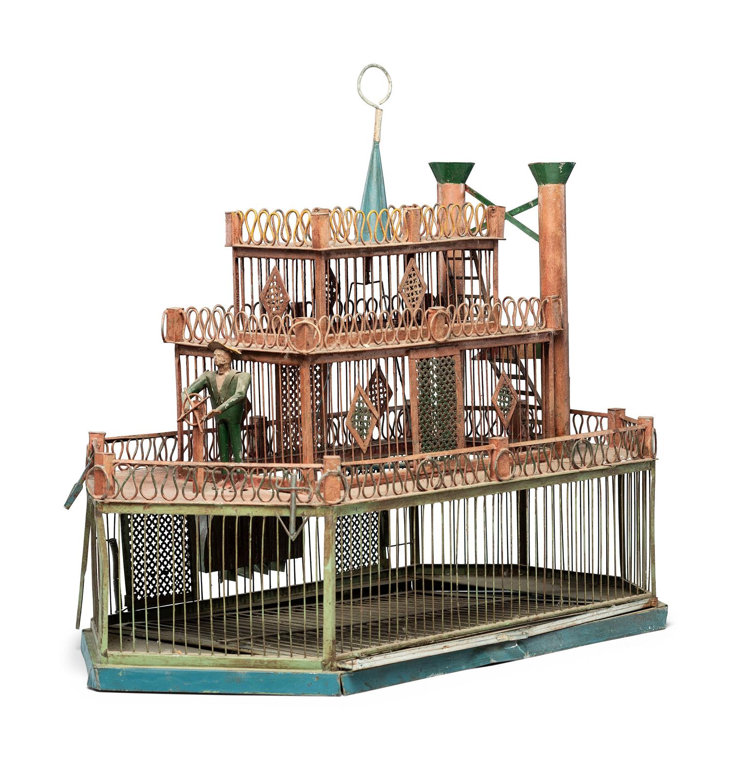 A Painted Sheet Metal and Wire Steamboat Form Birdcage