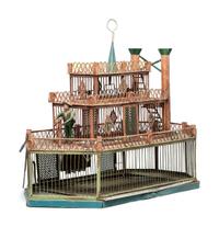 A Painted Sheet Metal and Wire Steamboat Form Birdcage