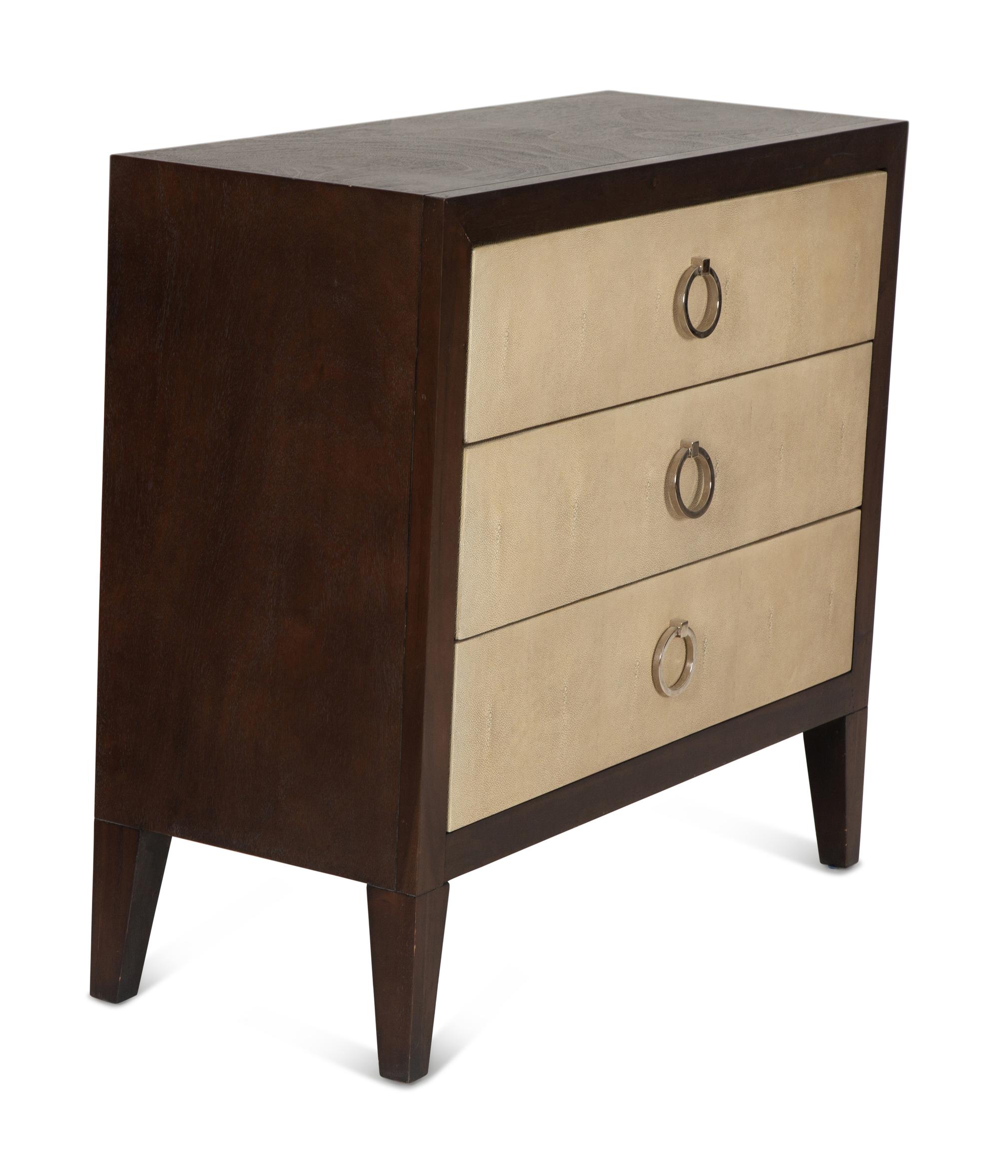 A Pair of Faux Shagreen and Stained Oak Three-Drawer Commodes