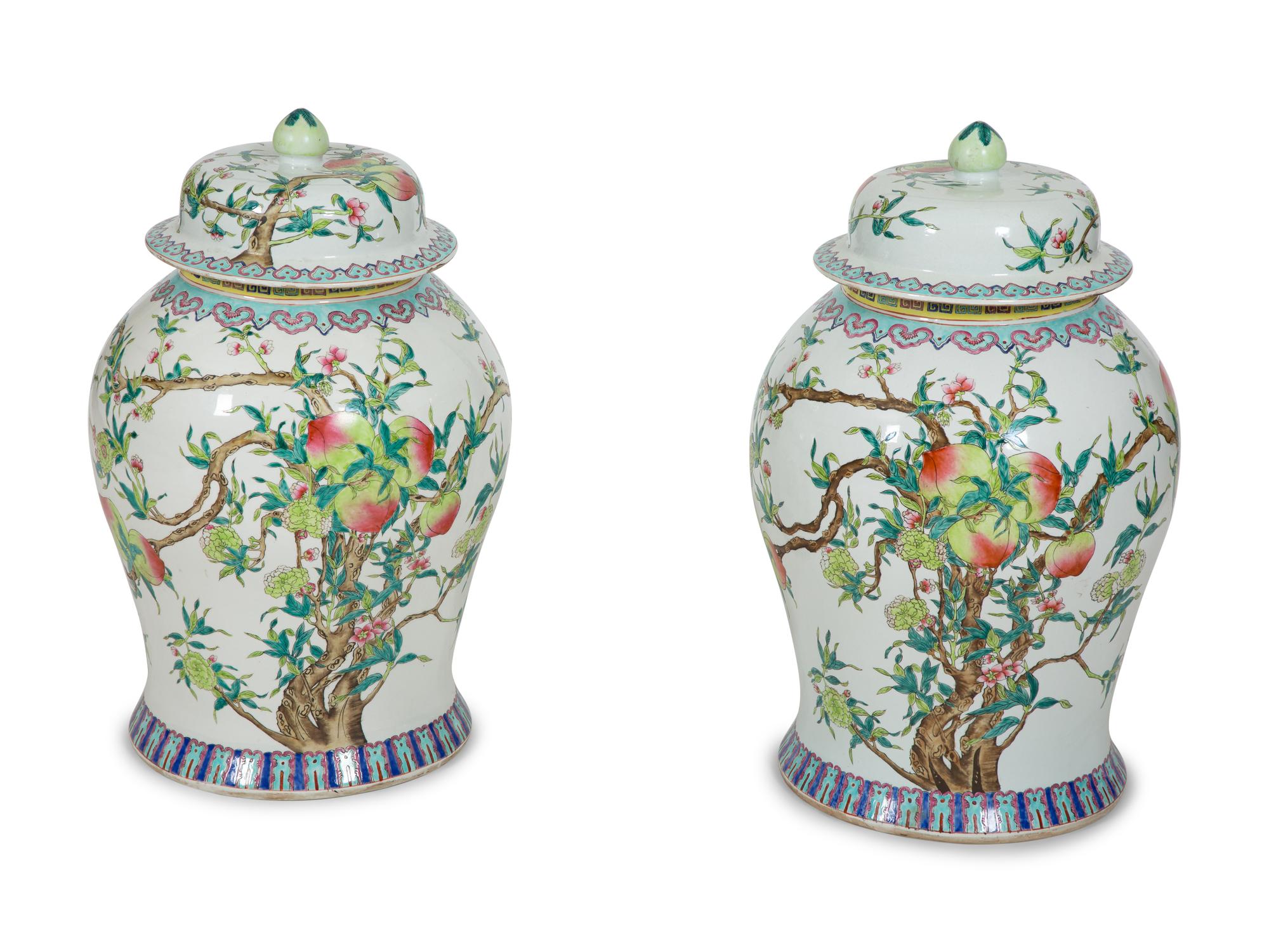 A Pair of Chinese Export Porcelain Covered Jars
