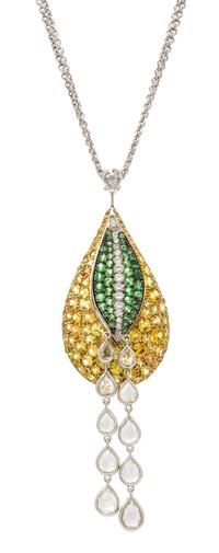 An 18 Karat Bicolor Gold, White Sapphire, Yellow Sapphire, Tsavorite and Diamond Pendant Necklace, 10.80 dwts.