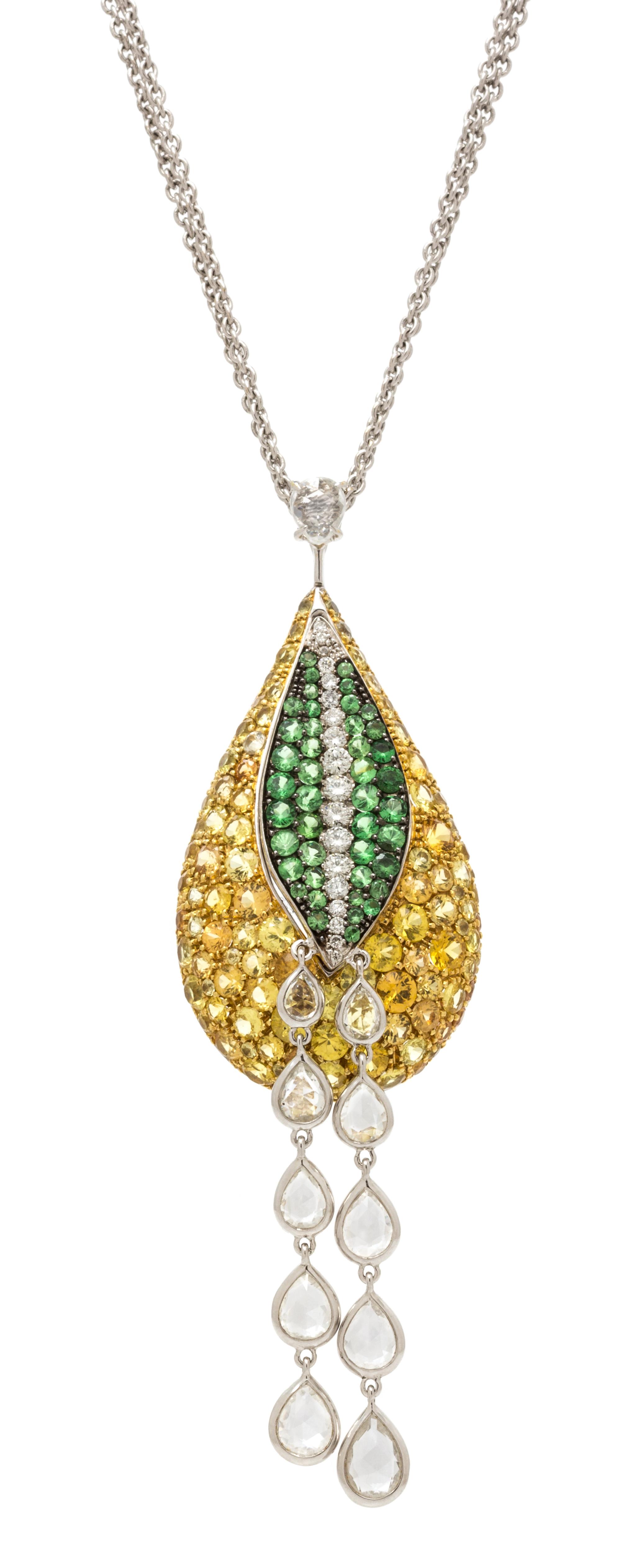 An 18 Karat Bicolor Gold, White Sapphire, Yellow Sapphire, Tsavorite and Diamond Pendant Necklace, 10.80 dwts.