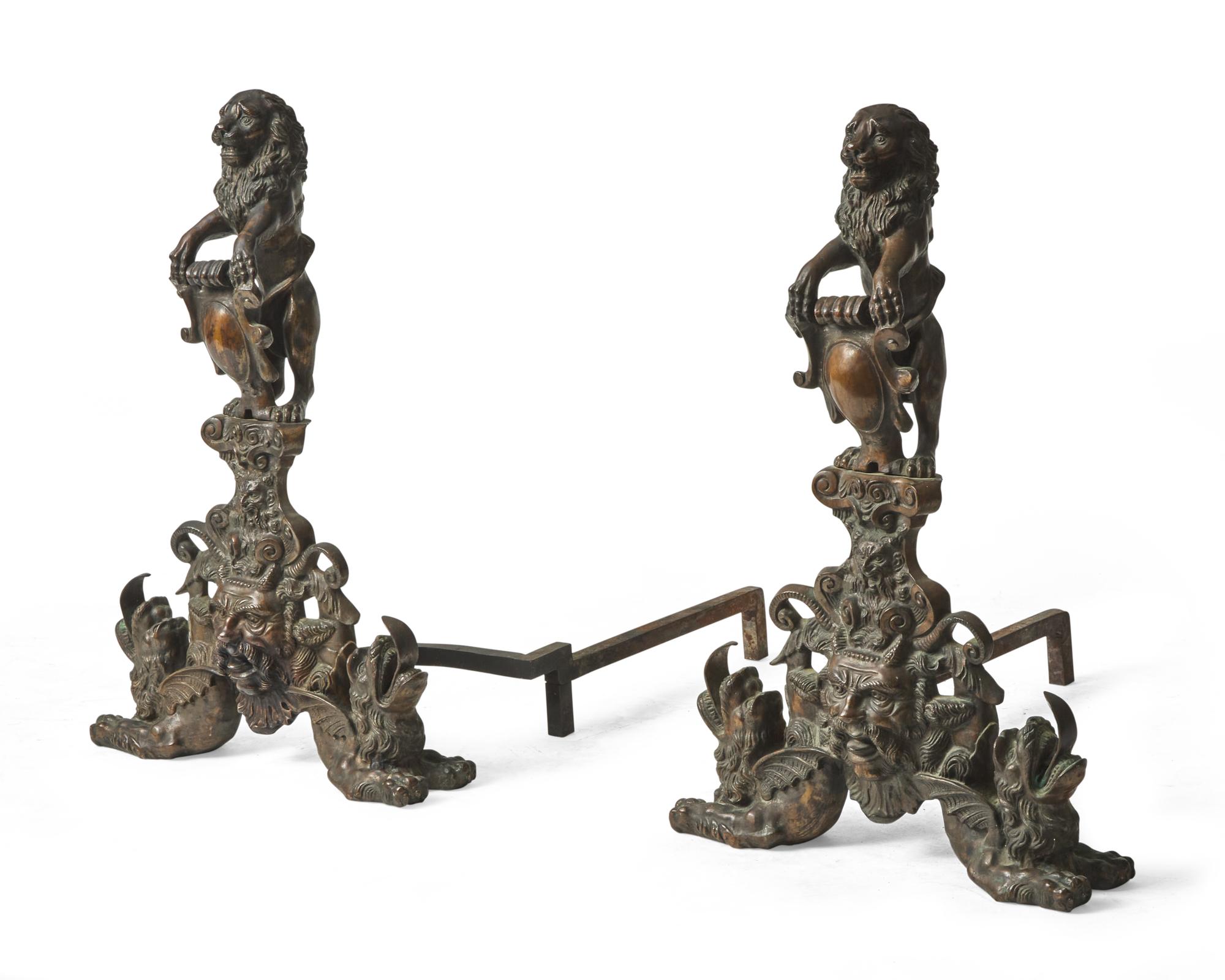 A large pair of Renaissance Revival bronze andirons, possibly Venice, Italy, 19th century