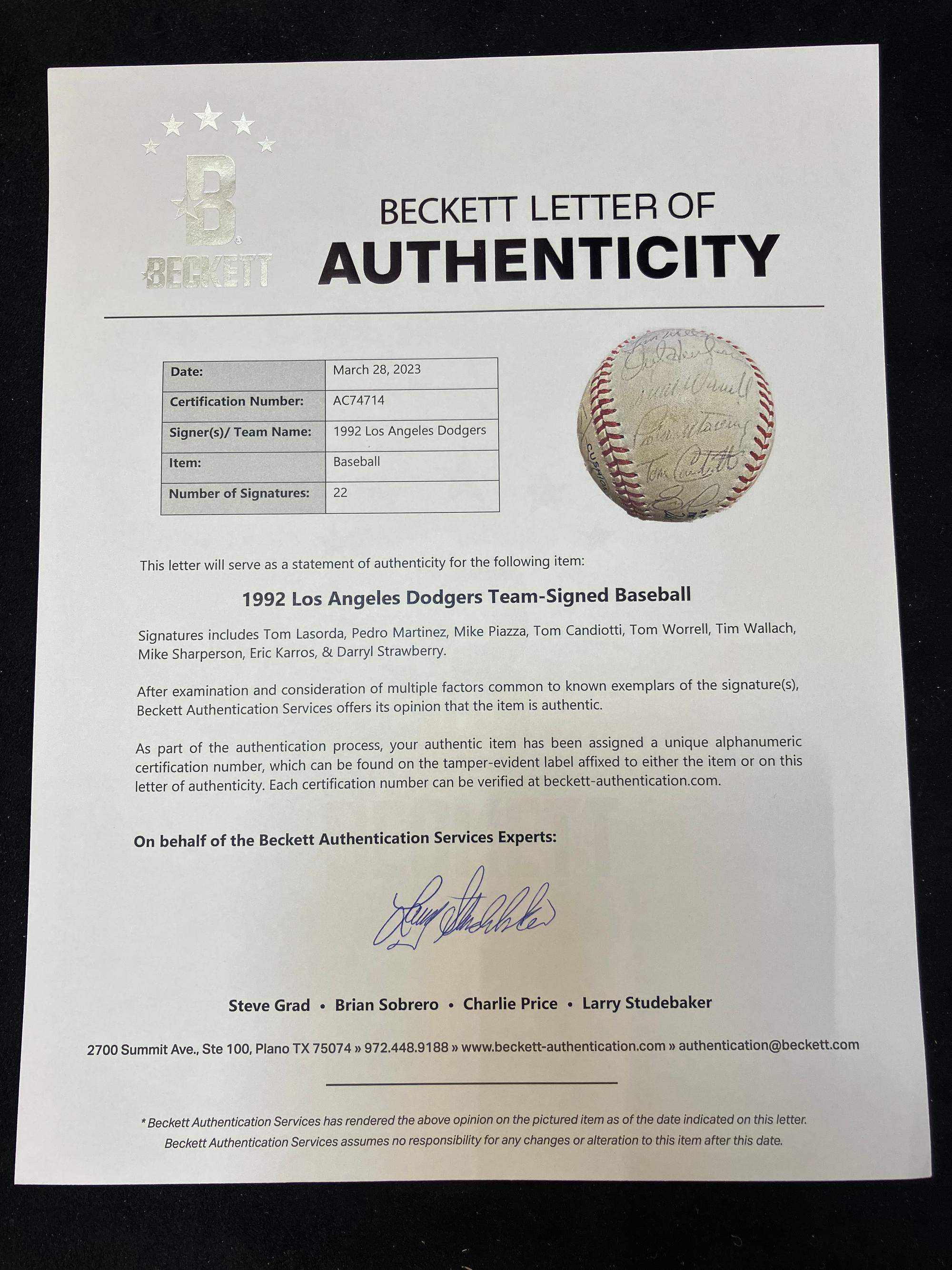 A 1992 Los Angeles Dodgers Team Signed Autograph Baseball - 22 Total With Mike Piazza and Pedro Martinez Rookie Era Signatures (Beckett Authentication Services Letter),