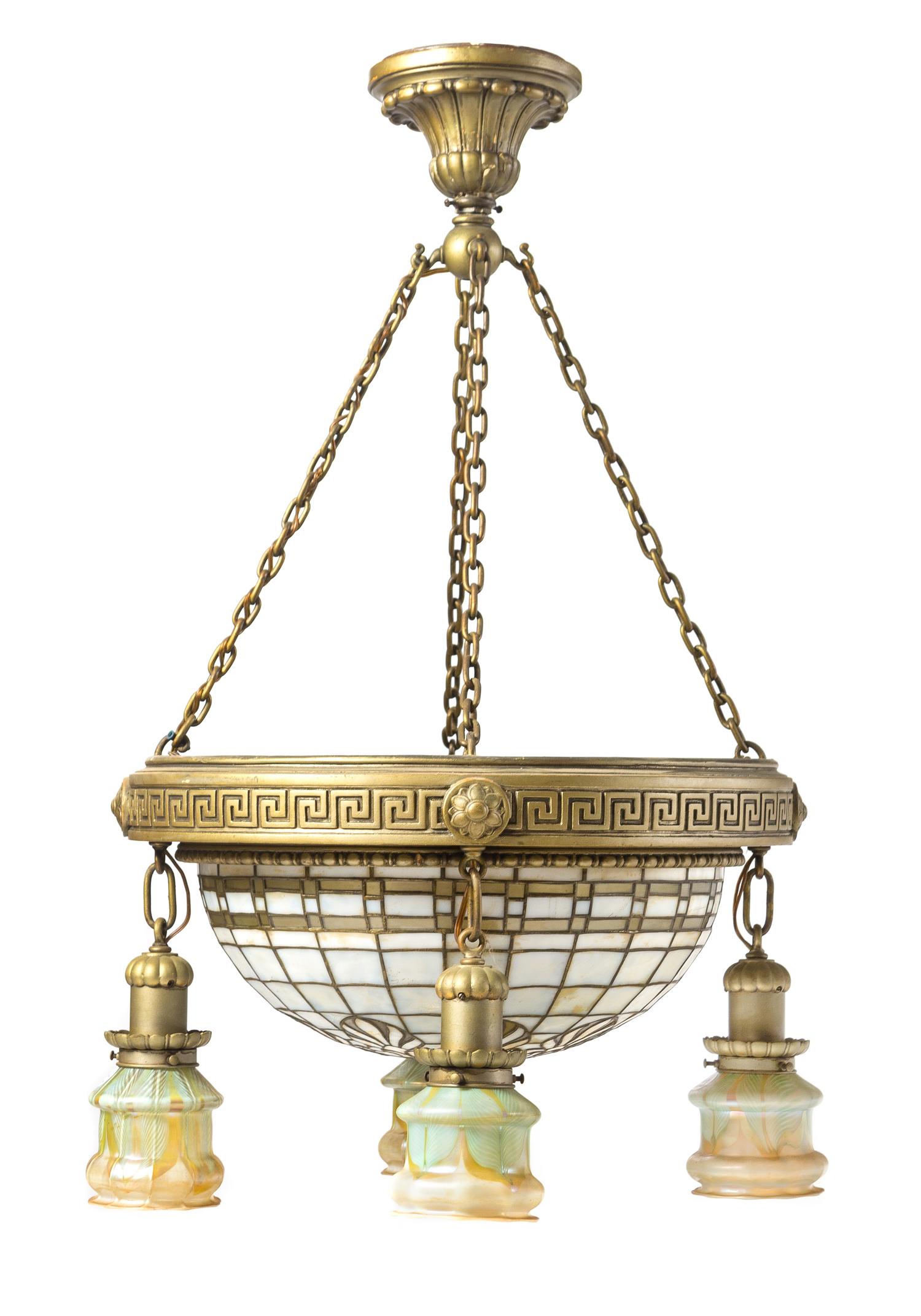Quezal, EARLY 20TH CENTURY, a glass and leaded glass ceiling fixture, having inverted dome leaded shade and four pendent shades