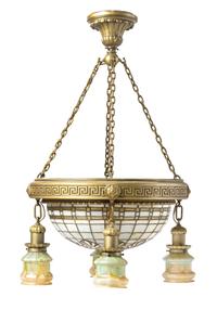 Quezal, EARLY 20TH CENTURY, a glass and leaded glass ceiling fixture, having inverted dome leaded shade and four pendent shades