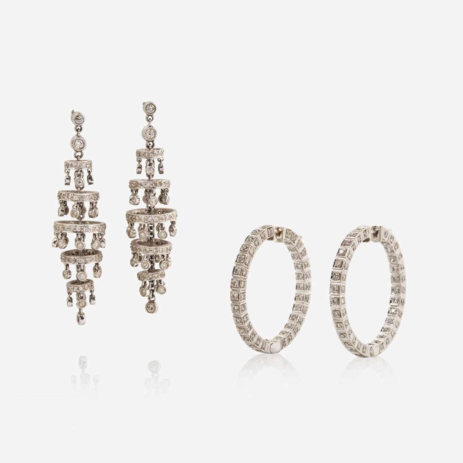 Two Pairs of White Gold and Diamond Earrings