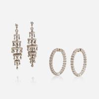 Two Pairs of White Gold and Diamond Earrings