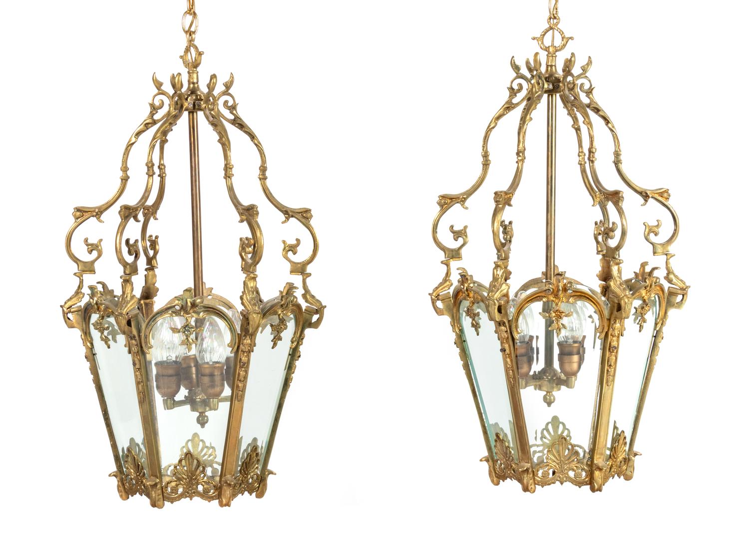 A Pair of Continental Brass and Glass Lanterns