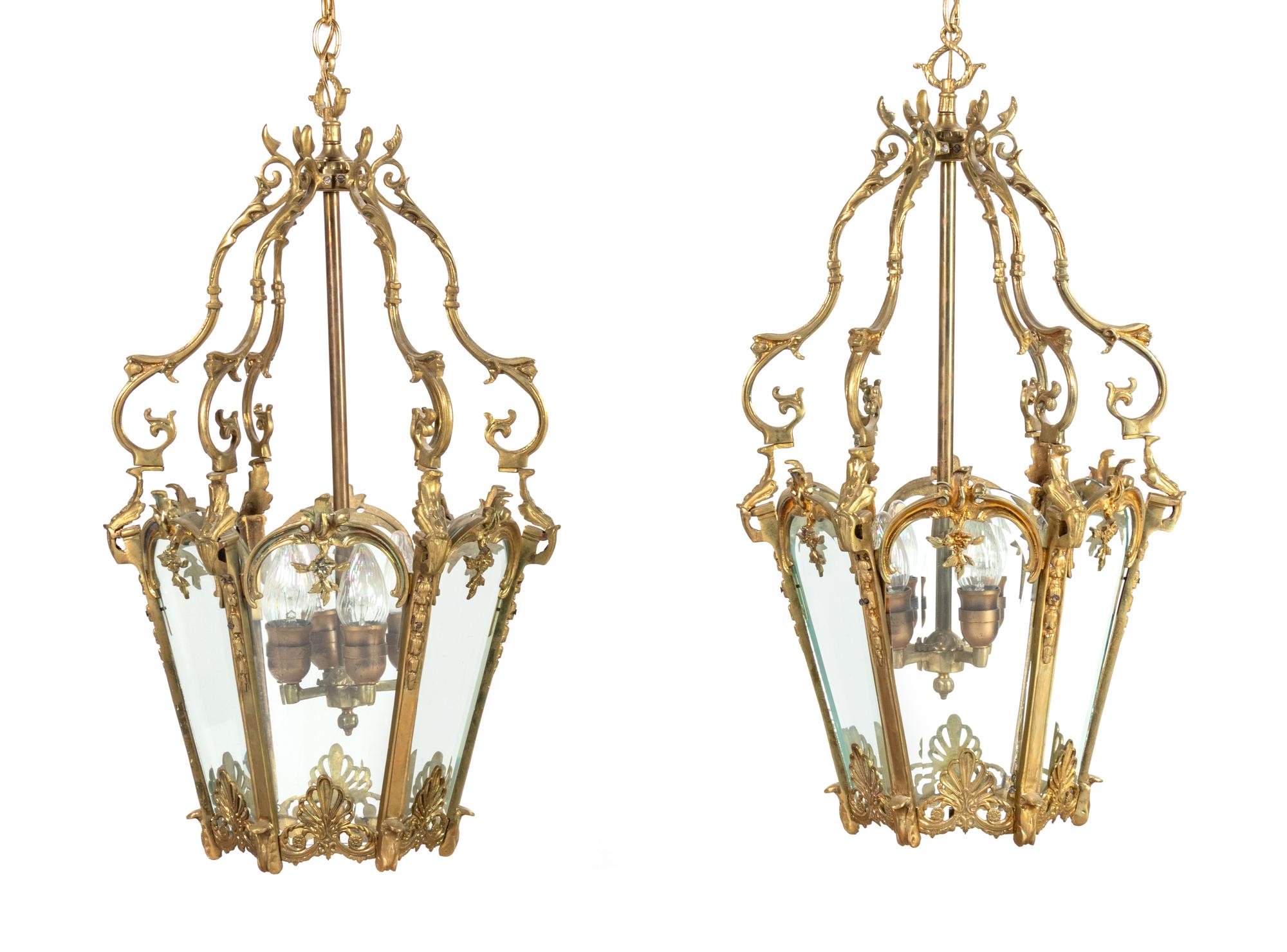 A Pair of Continental Brass and Glass Lanterns