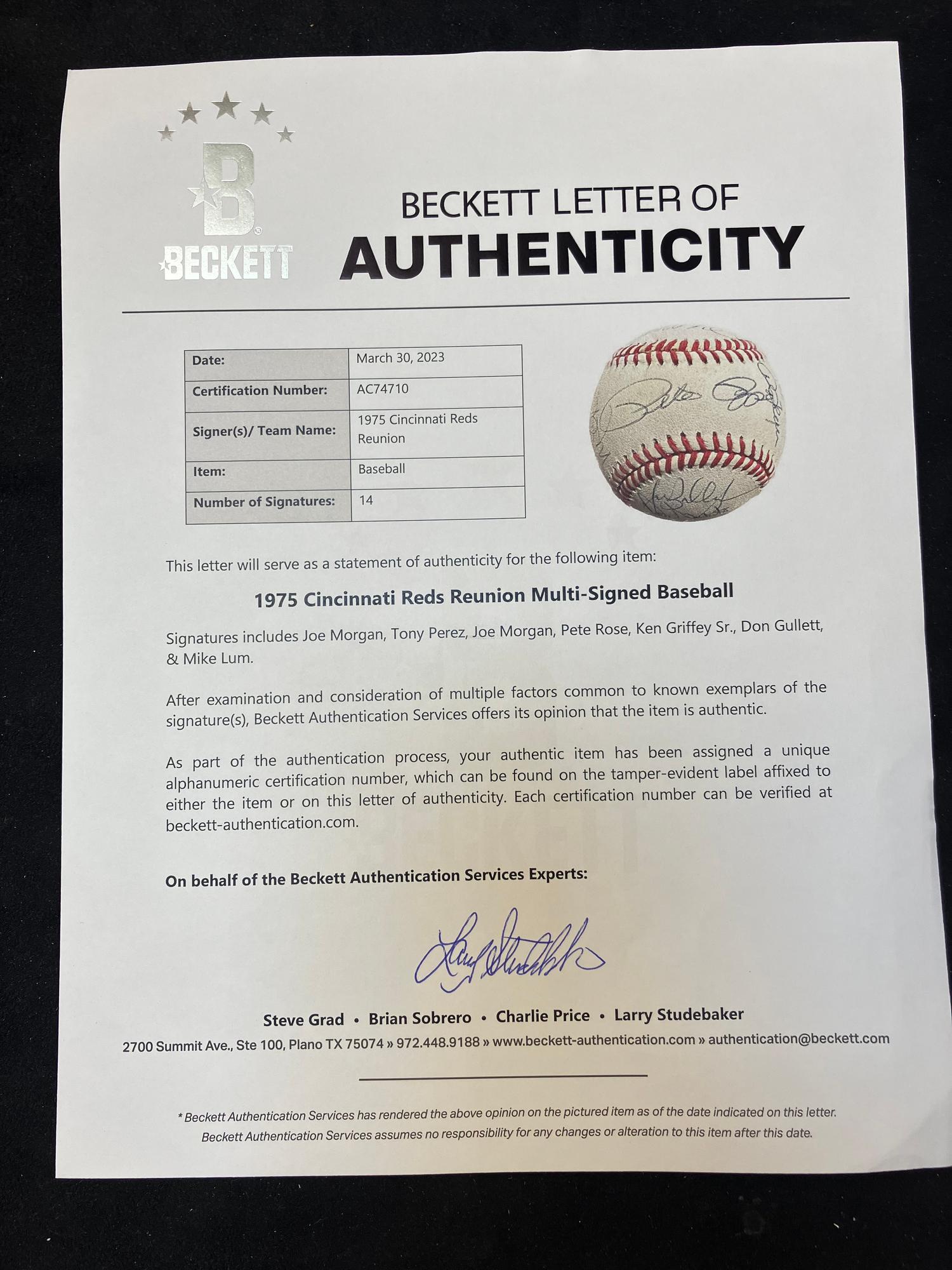 A 1975 Cincinnati Reds Team Signed Autograph Baseball Display (Beckett Authentication Services Letter),
