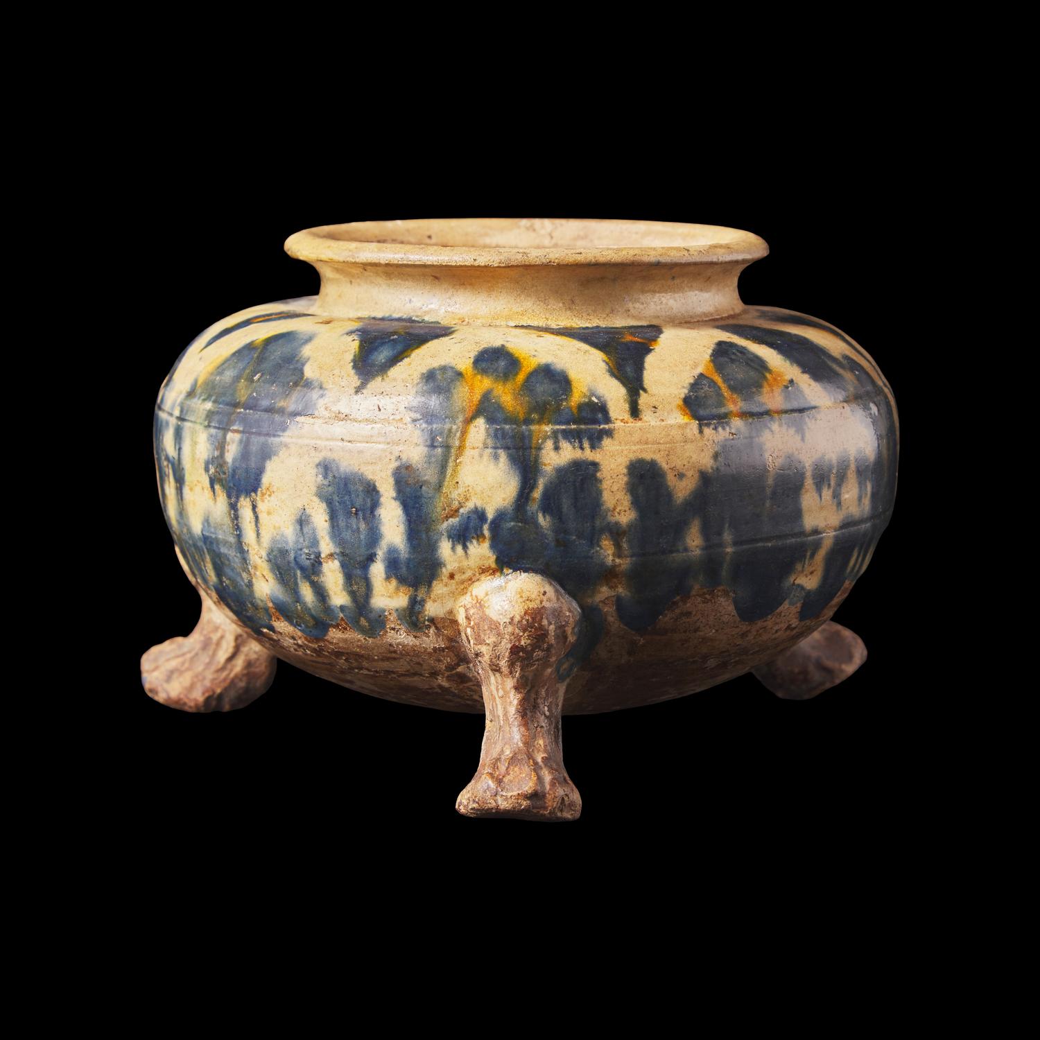 A Rare Chinese Blue and Amber-Splashed Tripod Vessel, Probably Tang Dynasty 或爲唐 藍彩三足陶爐