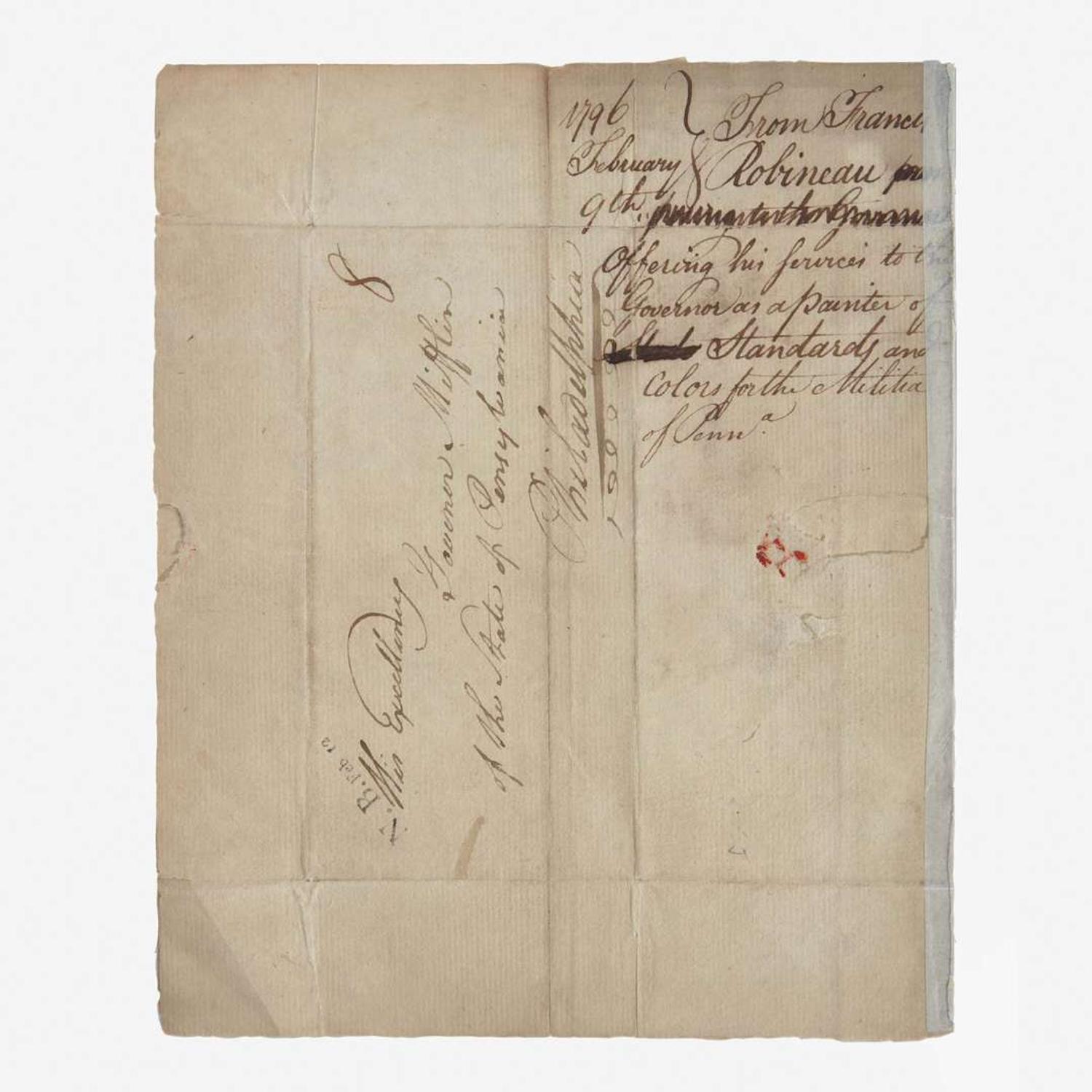 Letter to First Pennsylvania Governor Thomas Mifflin (1744-1800) regarding Militia Flag designs Francis Rabineau (active 1791-1804), Brunswick (New Jersey), February 9th, 1796