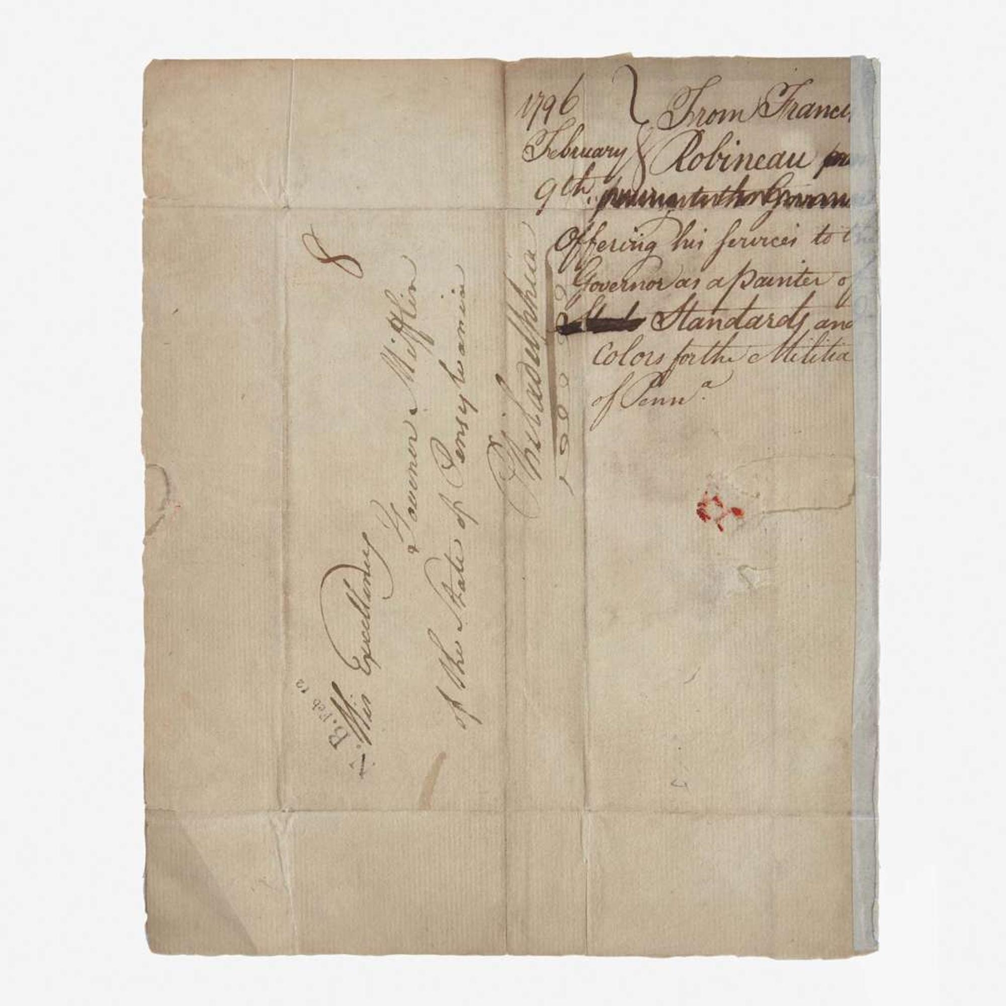 Letter to First Pennsylvania Governor Thomas Mifflin (1744-1800) regarding Militia Flag designs Francis Rabineau (active 1791-1804), Brunswick (New Jersey), February 9th, 1796