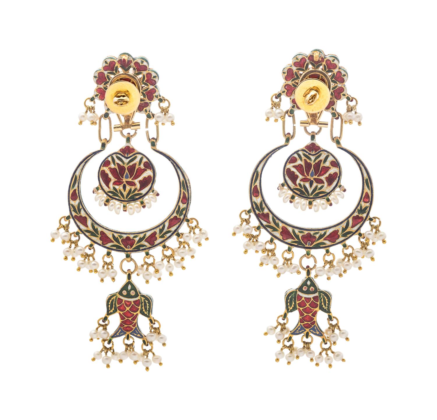A Pair of High Karat Yellow Gold Kundan, Diamond, Seed Pearl and Polychrome Enamel Earrings, Indian,