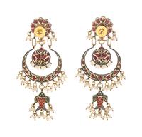A Pair of High Karat Yellow Gold Kundan, Diamond, Seed Pearl and Polychrome Enamel Earrings, Indian,