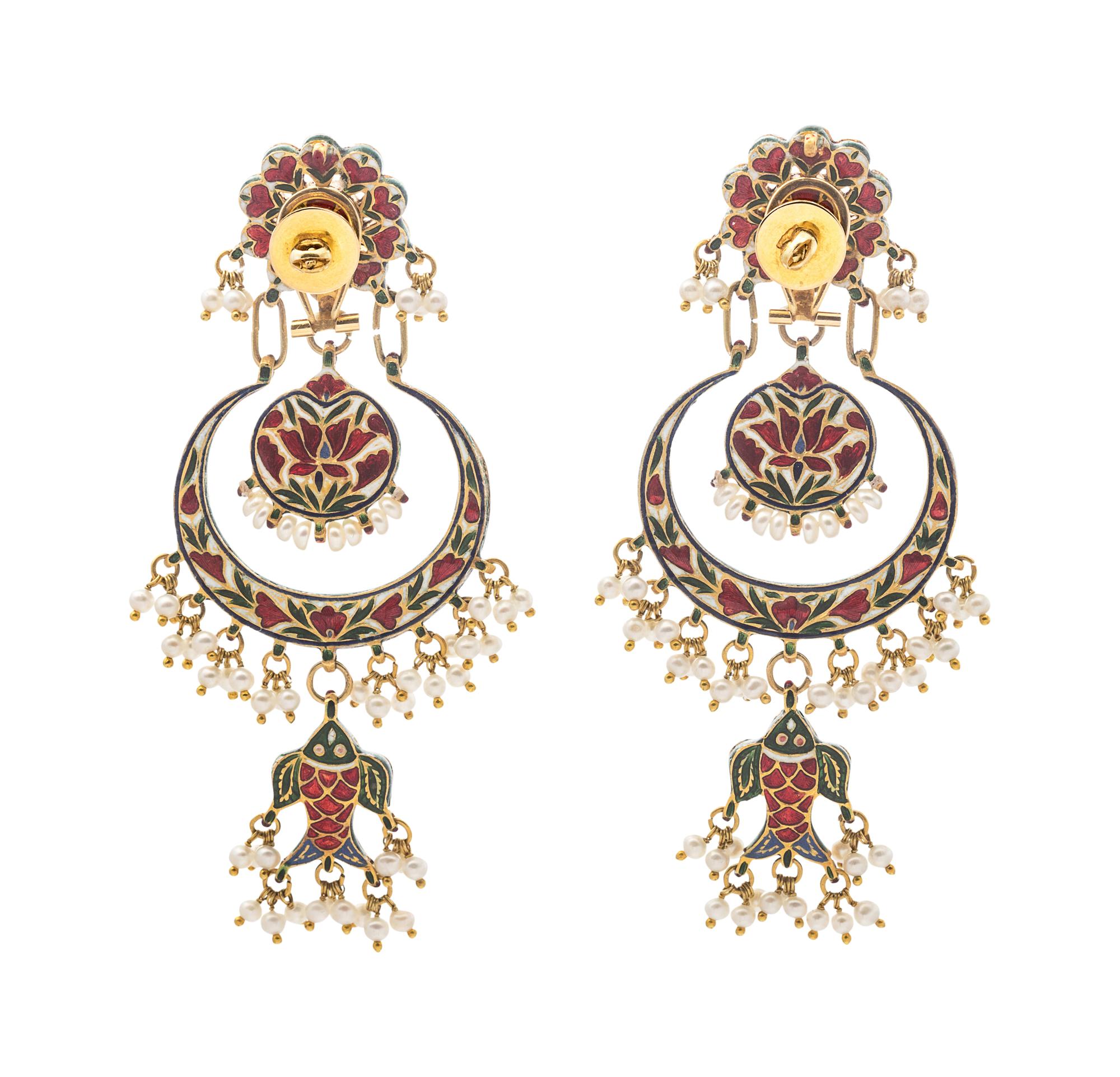 A Pair of High Karat Yellow Gold Kundan, Diamond, Seed Pearl and Polychrome Enamel Earrings, Indian,