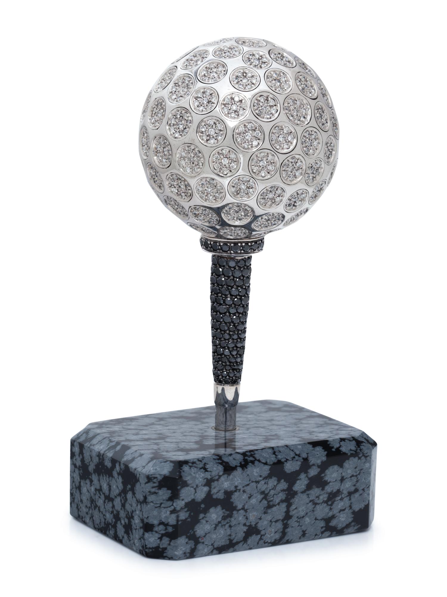 CHARLES HOLLANDER, WHITE GOLD, DIAMOND, AND BLACK DIAMOND PRESENTATION GOLF BALL AND TEE