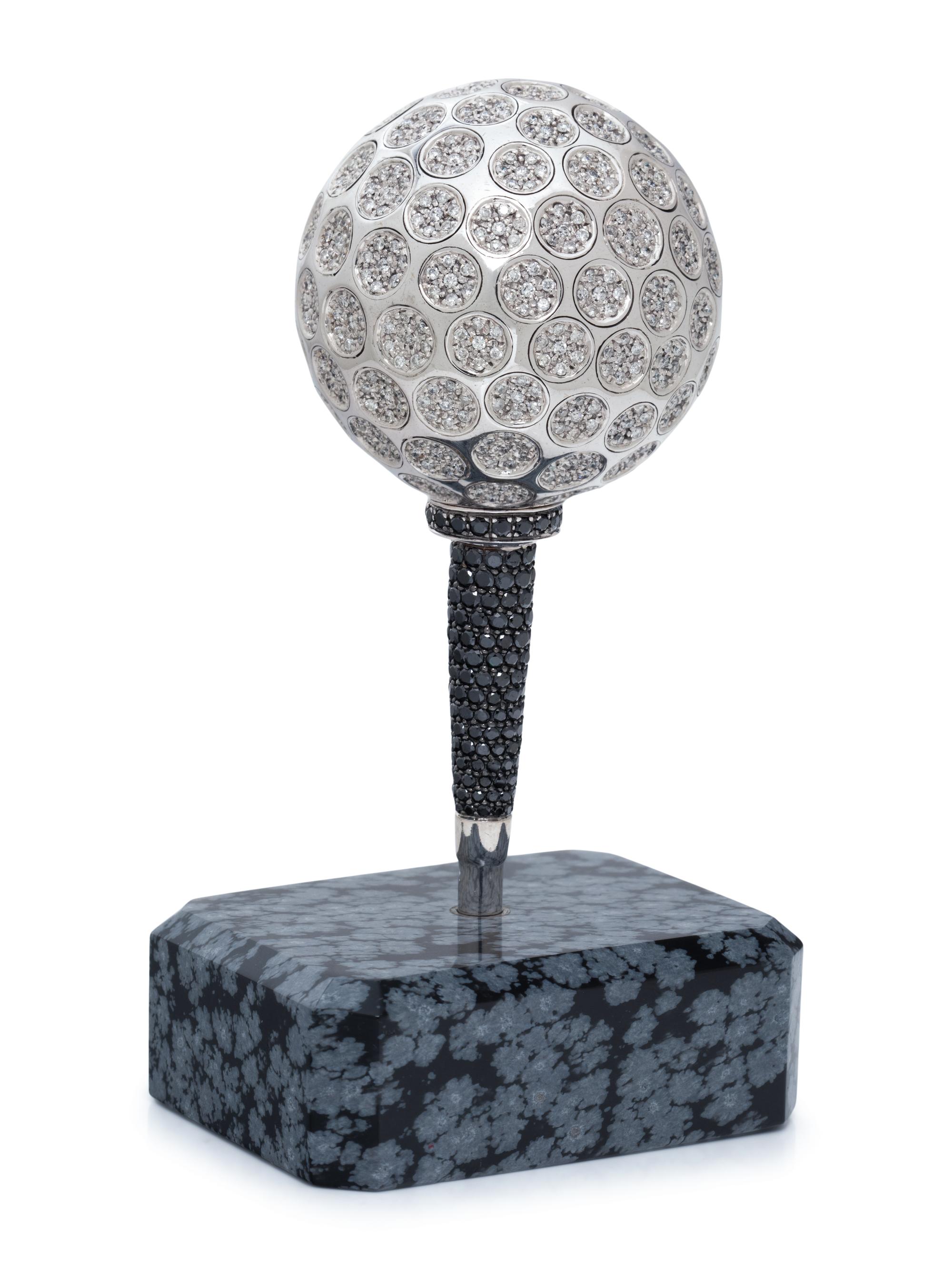 CHARLES HOLLANDER, WHITE GOLD, DIAMOND, AND BLACK DIAMOND PRESENTATION GOLF BALL AND TEE