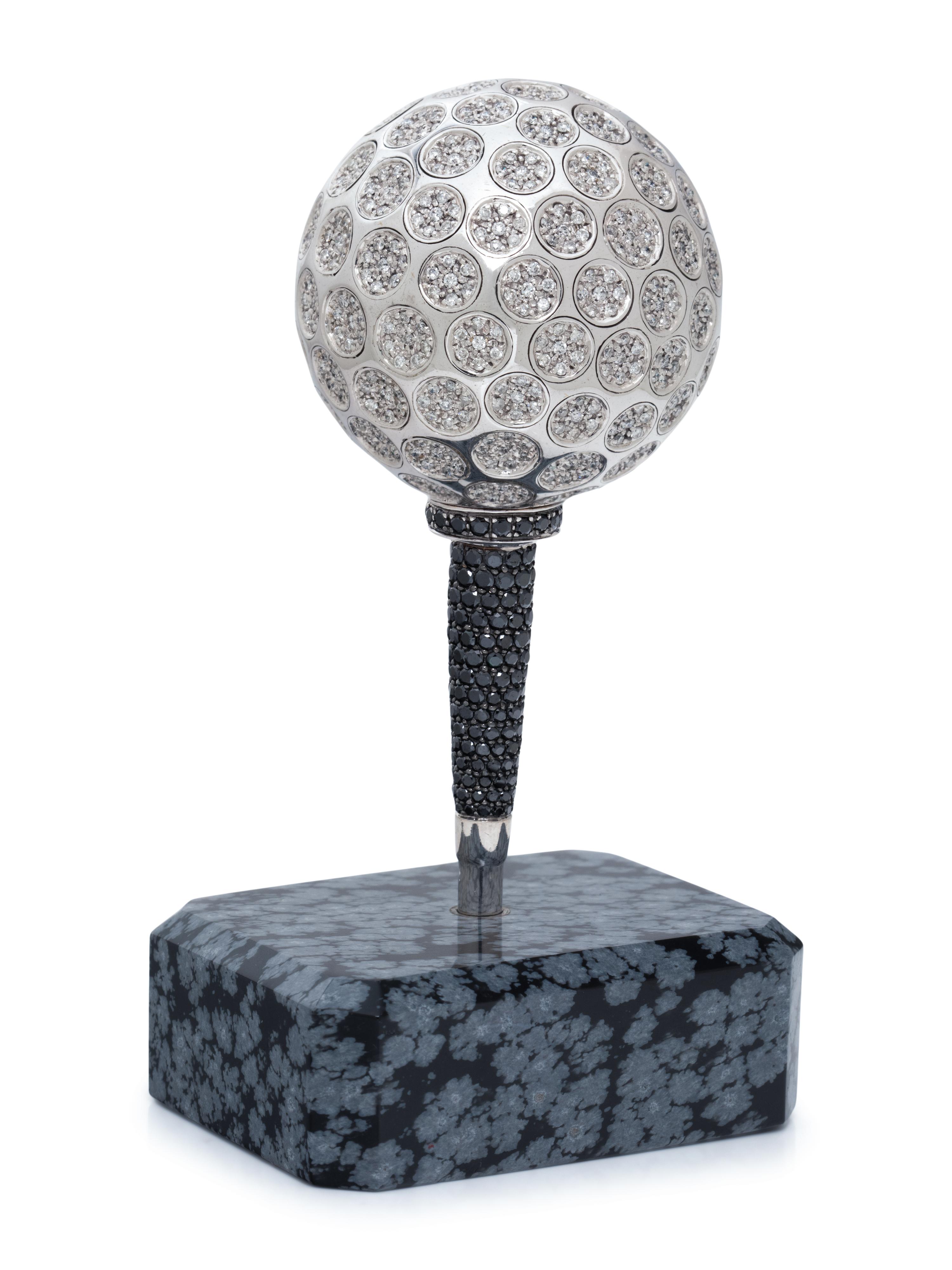 CHARLES HOLLANDER, WHITE GOLD, DIAMOND, AND BLACK DIAMOND PRESENTATION GOLF BALL AND TEE