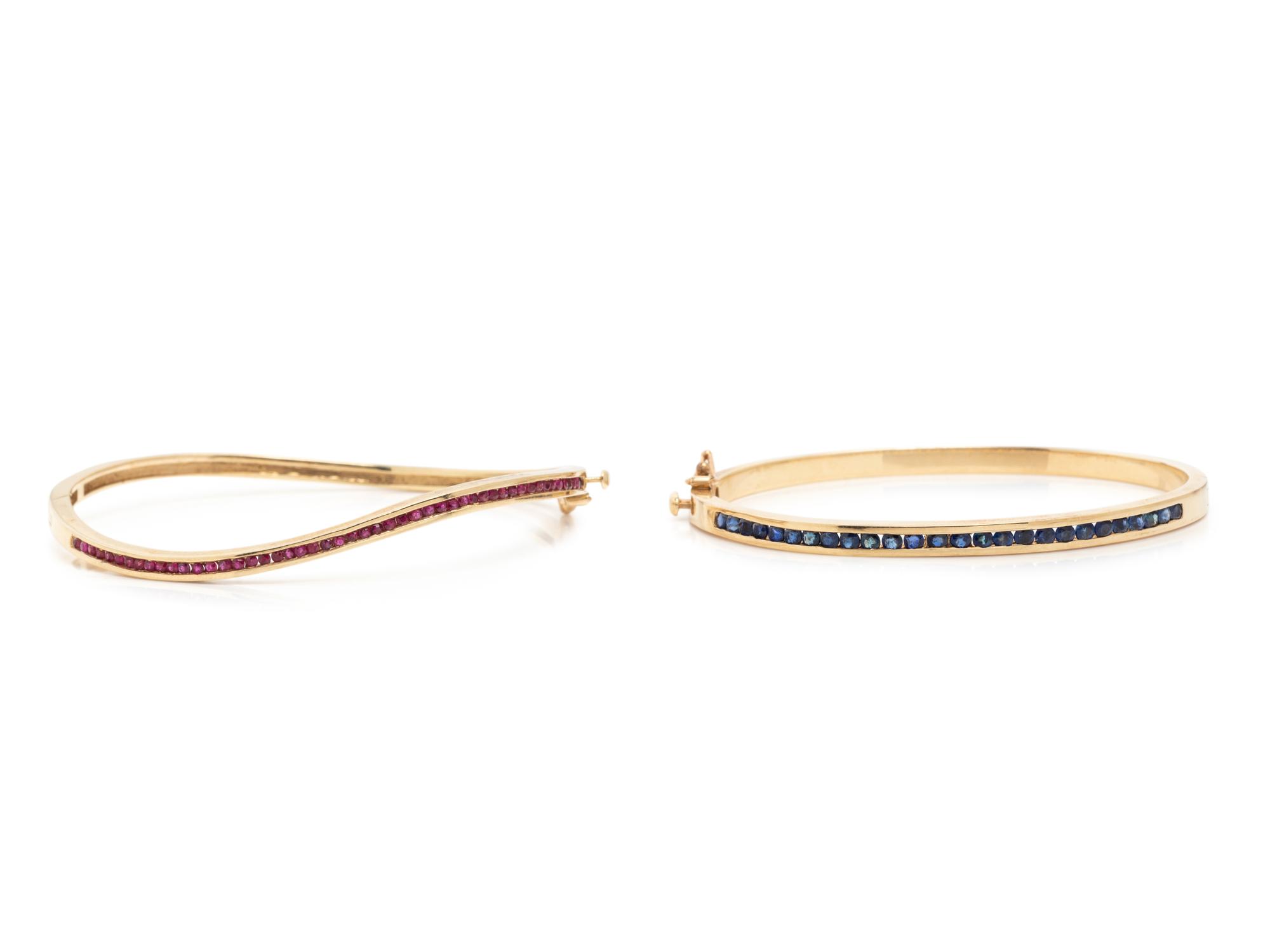 COLLECTION OF YELLOW GOLD AND GEMSTONE BANGLE BRACELETS