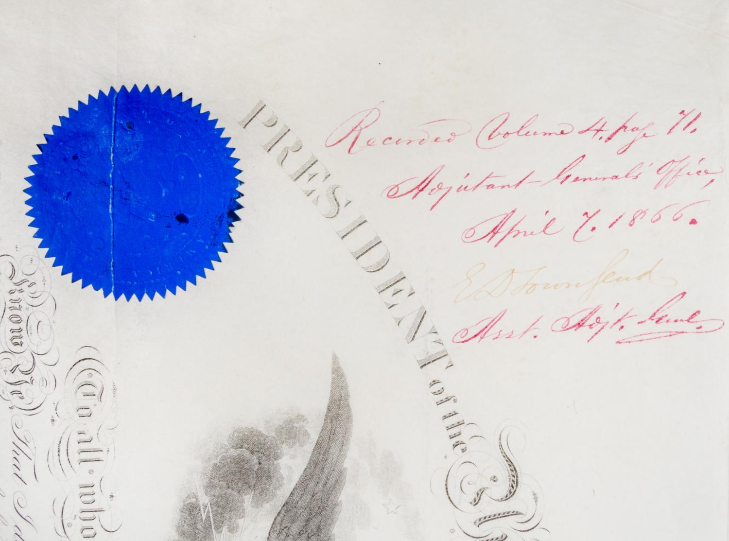 JOHNSON, ANDREW. Document signed, Washington, April 7, 1866. Appointment. Countersigned by Stanton.