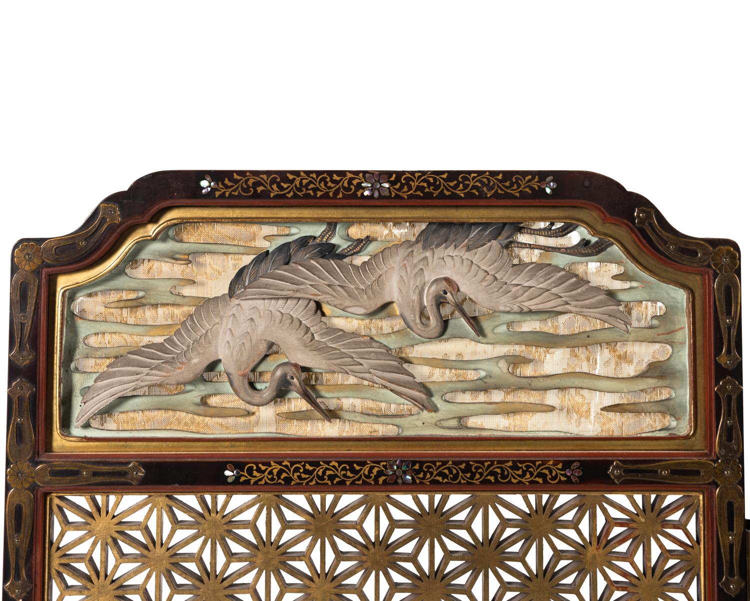 A Carved, Painted and Mother-of-Pearl Inlaid "Japonisme" Three-Panel Floor Screen