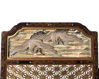 A Carved, Painted and Mother-of-Pearl Inlaid "Japonisme" Three-Panel Floor Screen