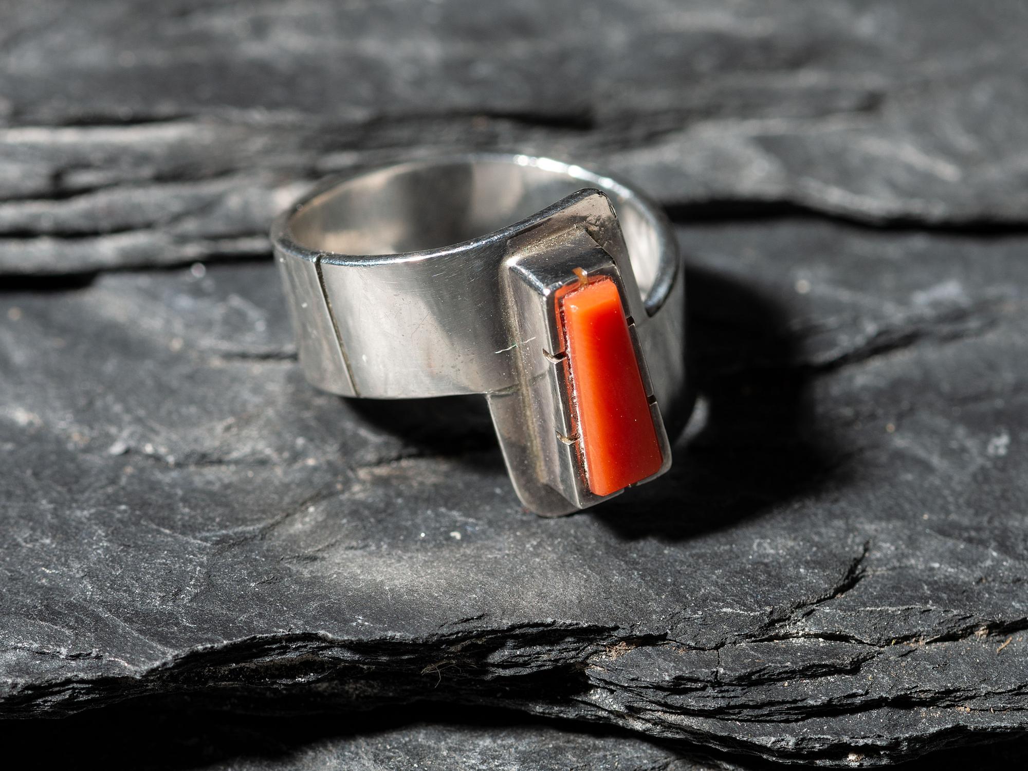Asymmetric Silver and Coral Ring