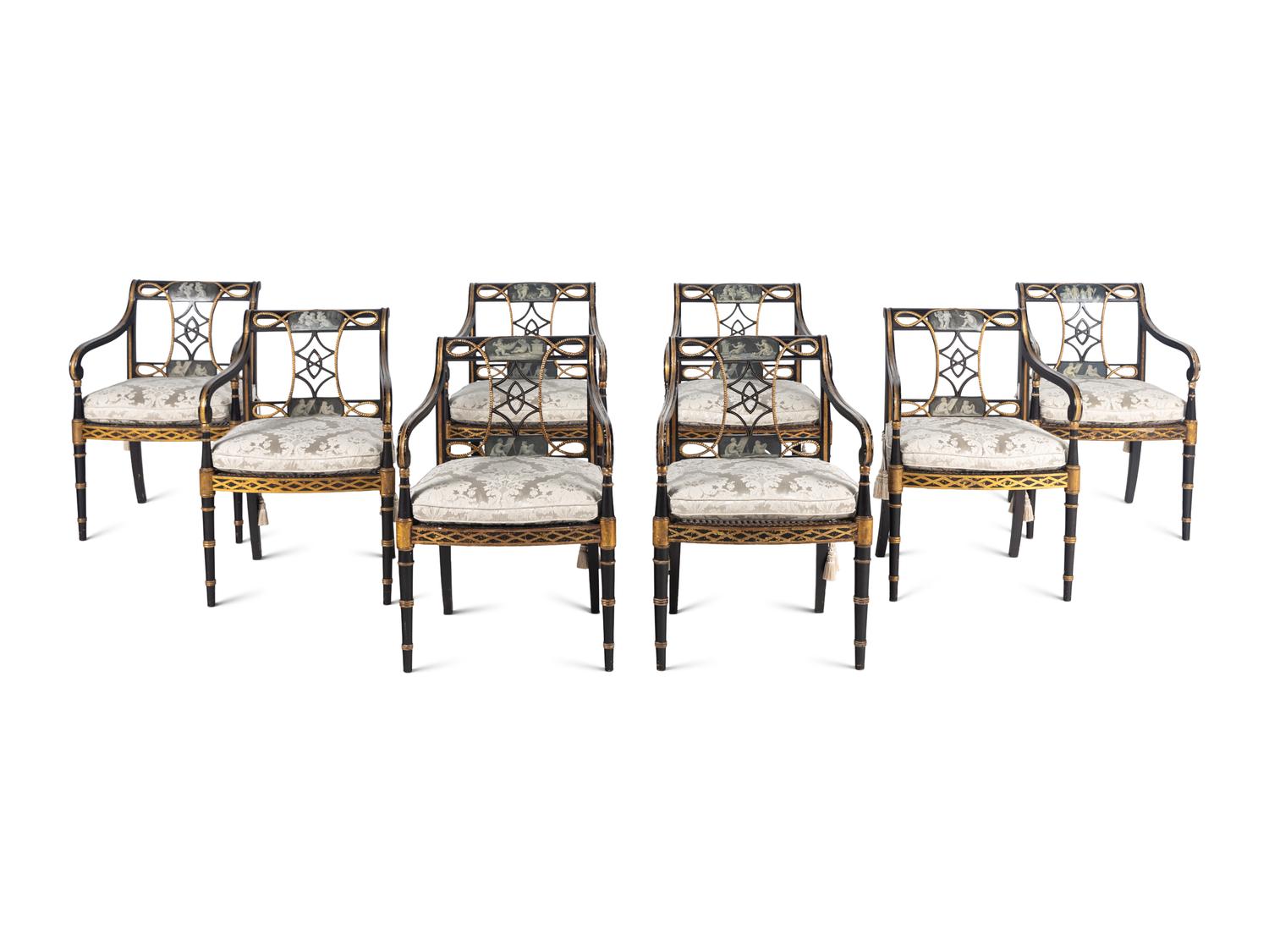 A Set of Ten Regency Black and Gilt Japanned Armchairs