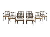A Set of Ten Regency Black and Gilt Japanned Armchairs