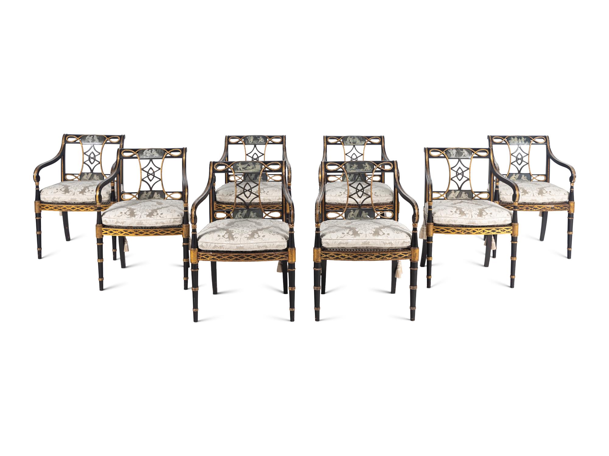 A Set of Ten Regency Black and Gilt Japanned Armchairs