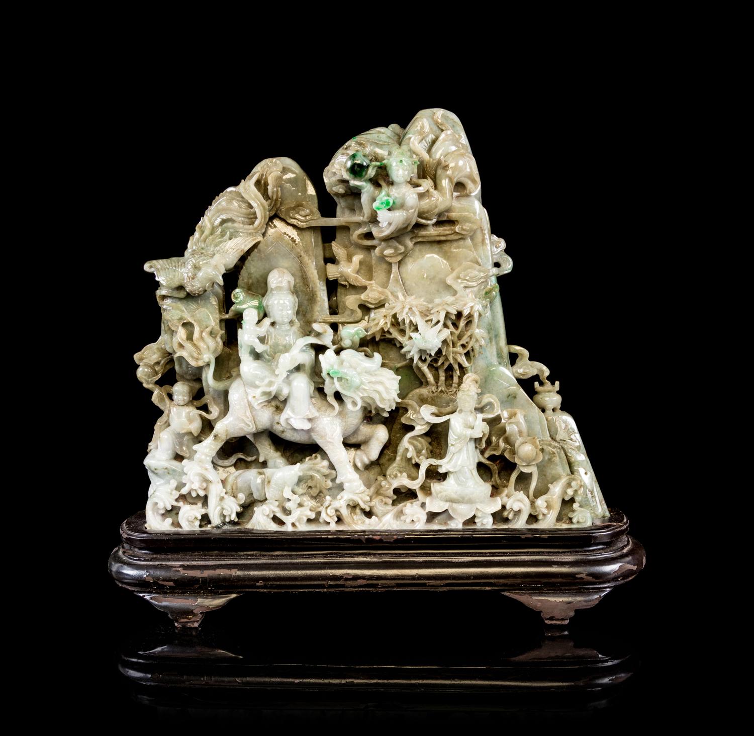 A Large Chinese Celadon Jadeite Figural Group