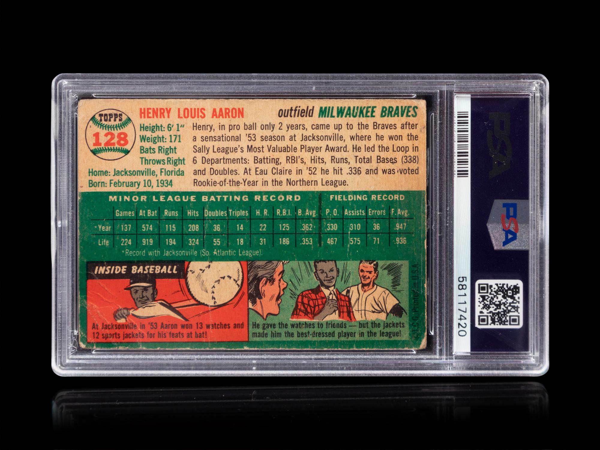A 1954 Topps Hank Aaron Rookie Baseball Card No. 128, PSA 1