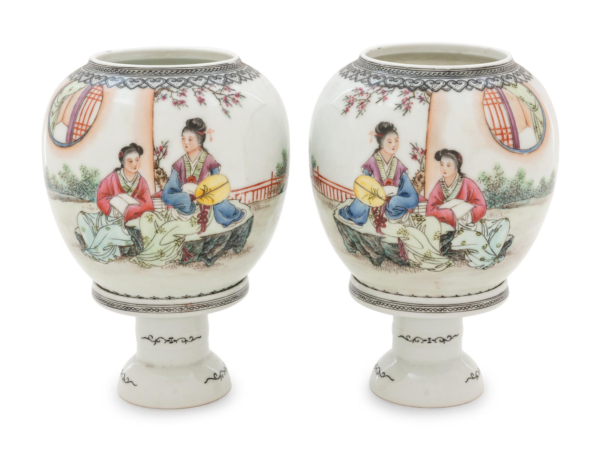 A Pair of Chinese Famille Rose Porcelain Lanterns