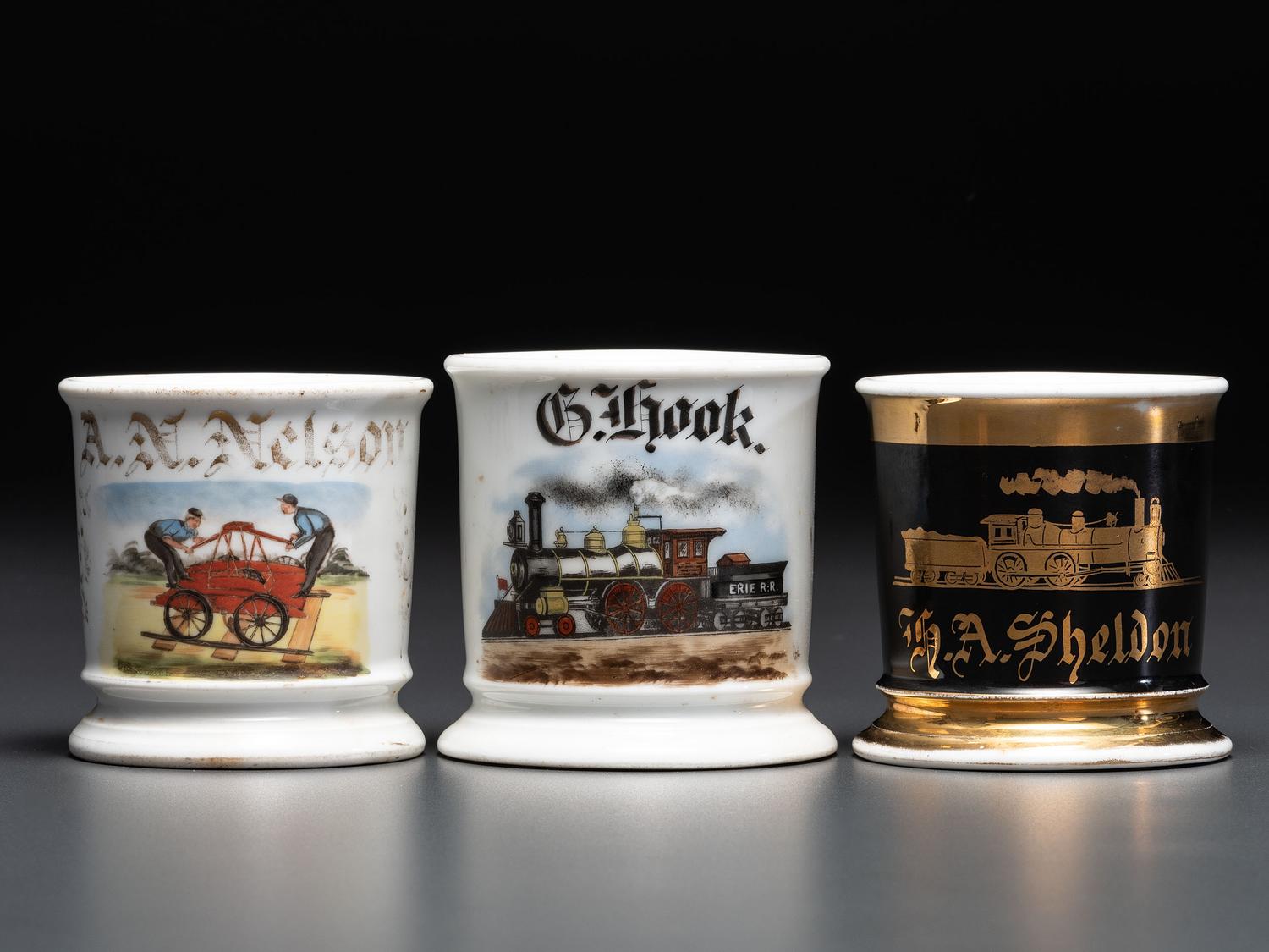Three Railroad Worker's Porcelain Occupational Shaving Mugs
