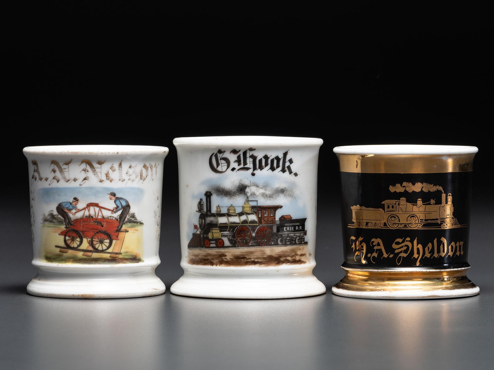 Three Railroad Worker's Porcelain Occupational Shaving Mugs