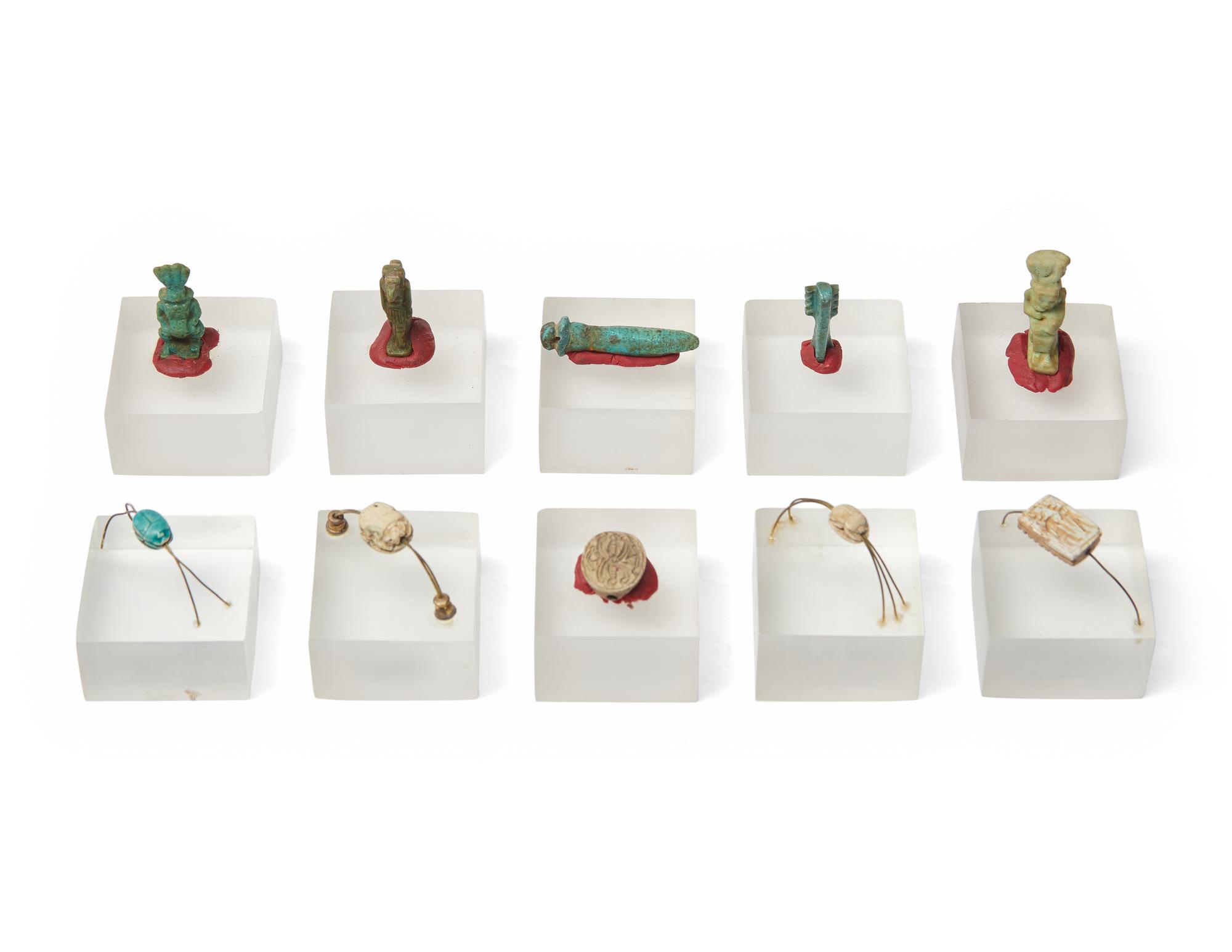 A Group of 10 Egyptian Faience Amulets and Scarabs