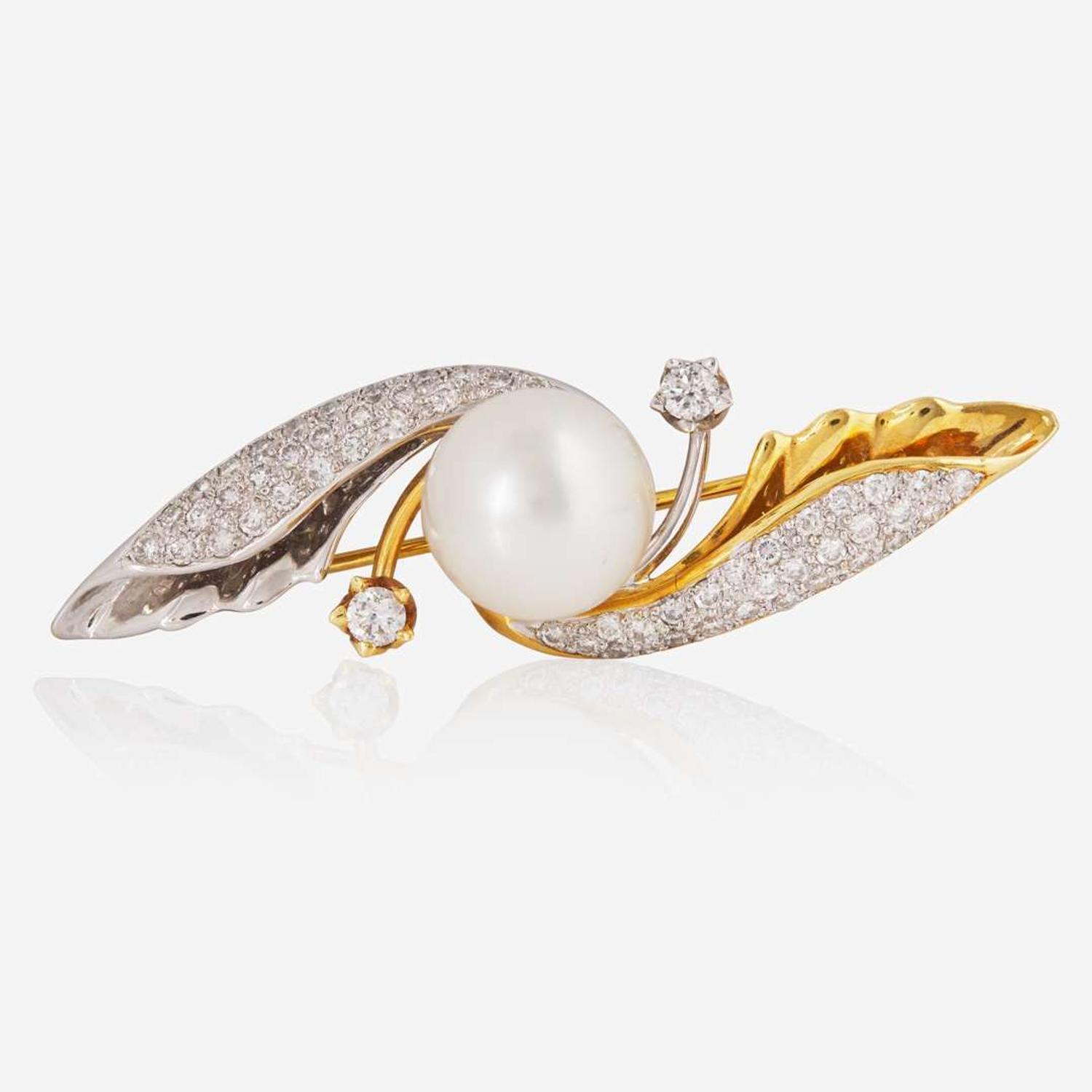 A Two-Tone 18K Gold, Pearl, and Diamond Brooch