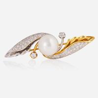A Two-Tone 18K Gold, Pearl, and Diamond Brooch
